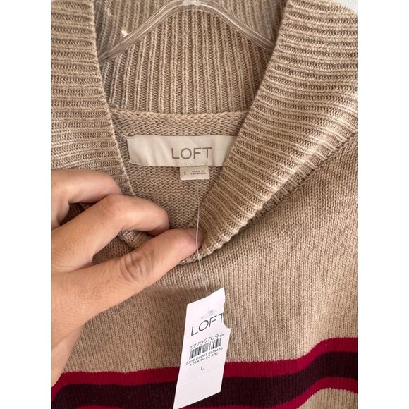 NWT Loft Tan Red Maroon Striped Ribtrim Mock Neck Sweater Womens Size Large - Picture 7 of 11